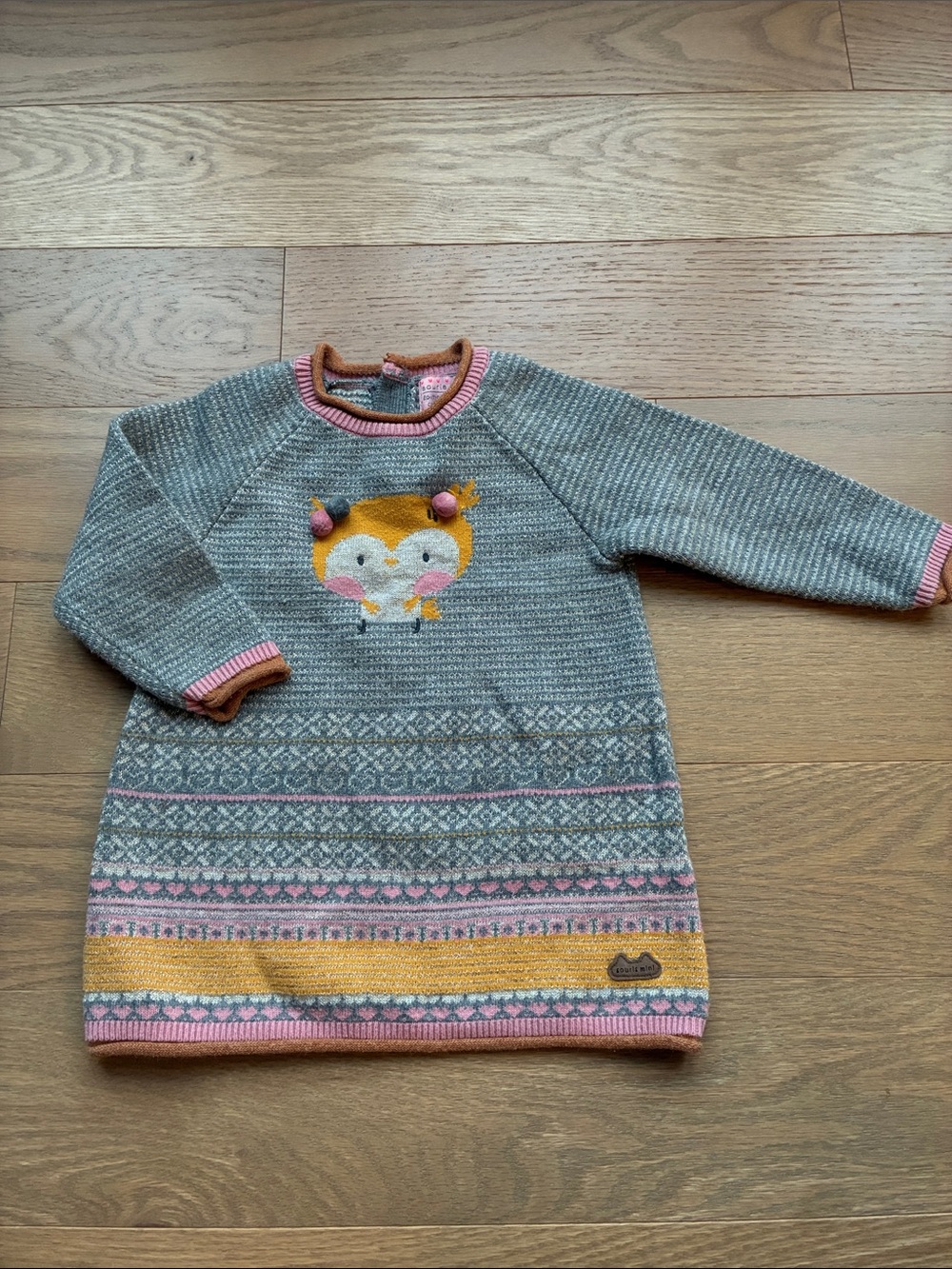 Souris Mini Girls Grey Knit Sweater Dress with Fox Motif - Pink & Mustard Accent